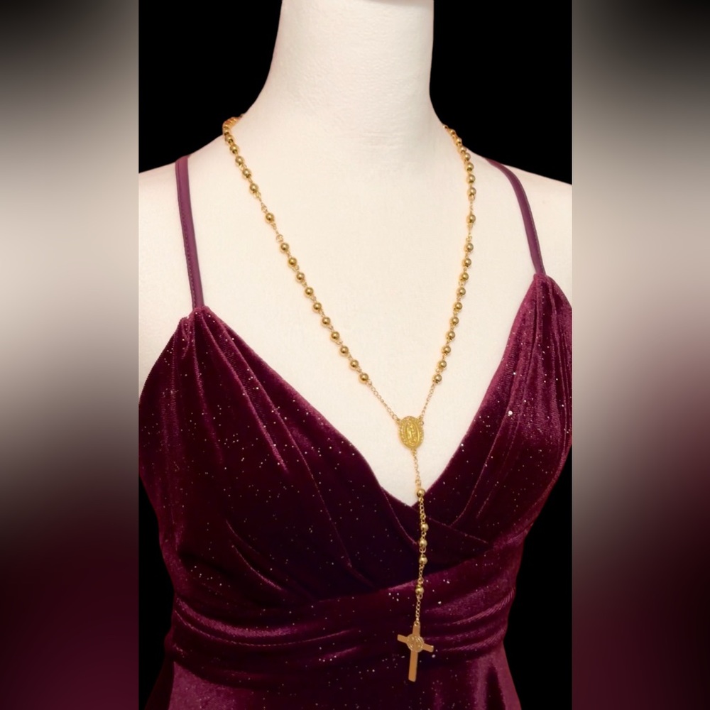 Religious Rosary Cross Necklace Our Lady of Guadalupe Virgin Mary Gold Tone